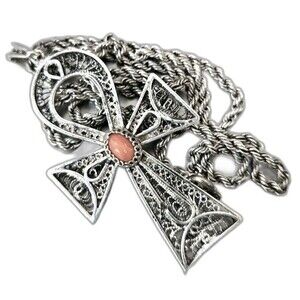 Vintage Silver 925 With coral cabochon Cross Pendant Chain Necklace 19.5 grams
